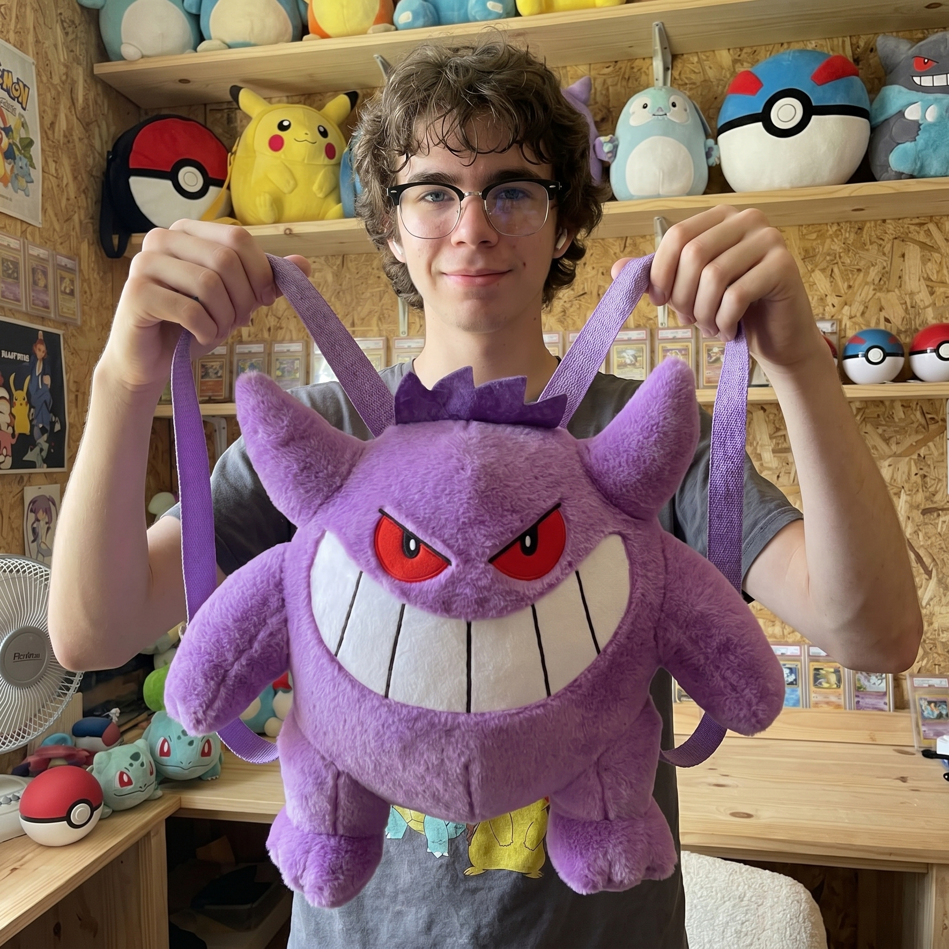 Gengar plush backpack held in hands