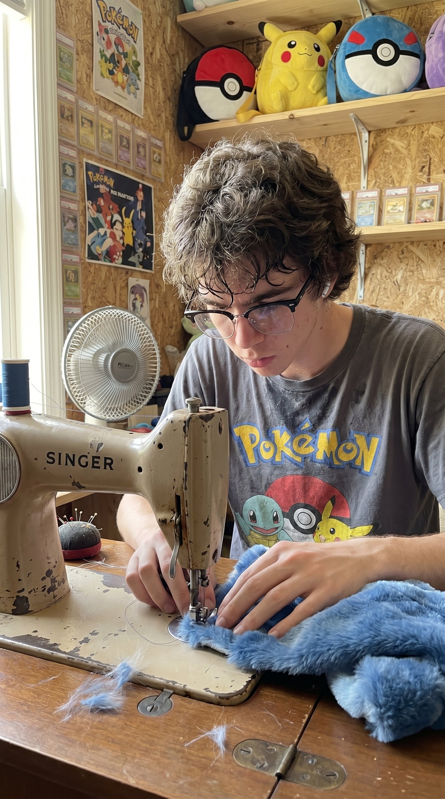 Kai hand-sewing a Pokemon plush bag at his old sewing machine